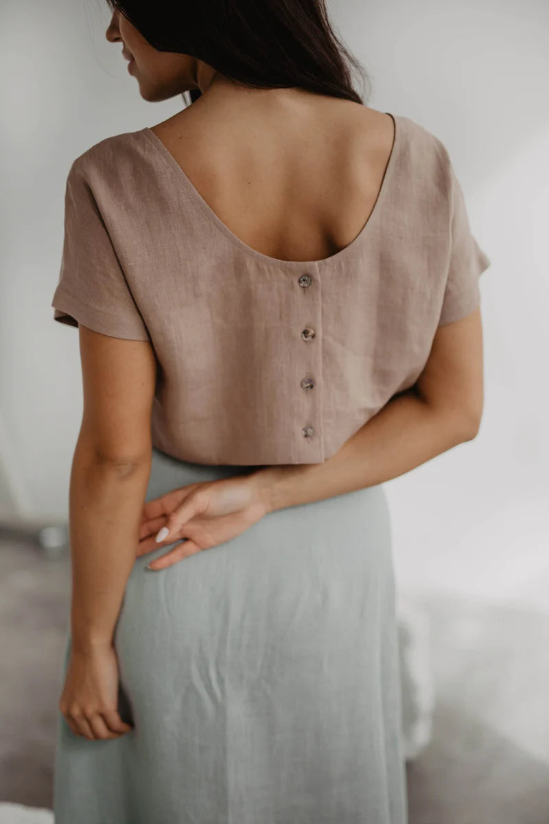 Lisa Linen Button Crop Top Shirts AmourLinen XL Rosy Brown 