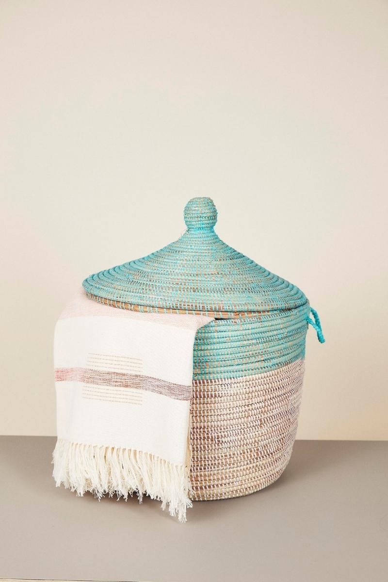 Low Two-Tone Hamper Basket - Turquoise + White Baskets Mbare 
