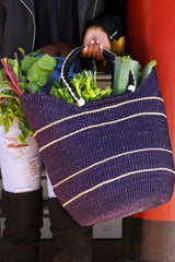 Midnight Blue Pinstripe Bolga Shopper with Leather Handles Baskets Swahili African Modern 