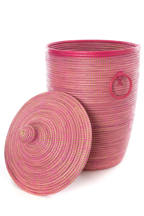 Pink Hamper Set with Leather Trim Baskets Swahili African Modern 