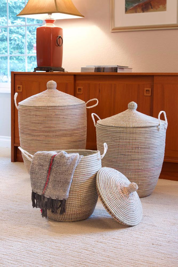 Set of Three Solid White Hampers Swahili African Modern