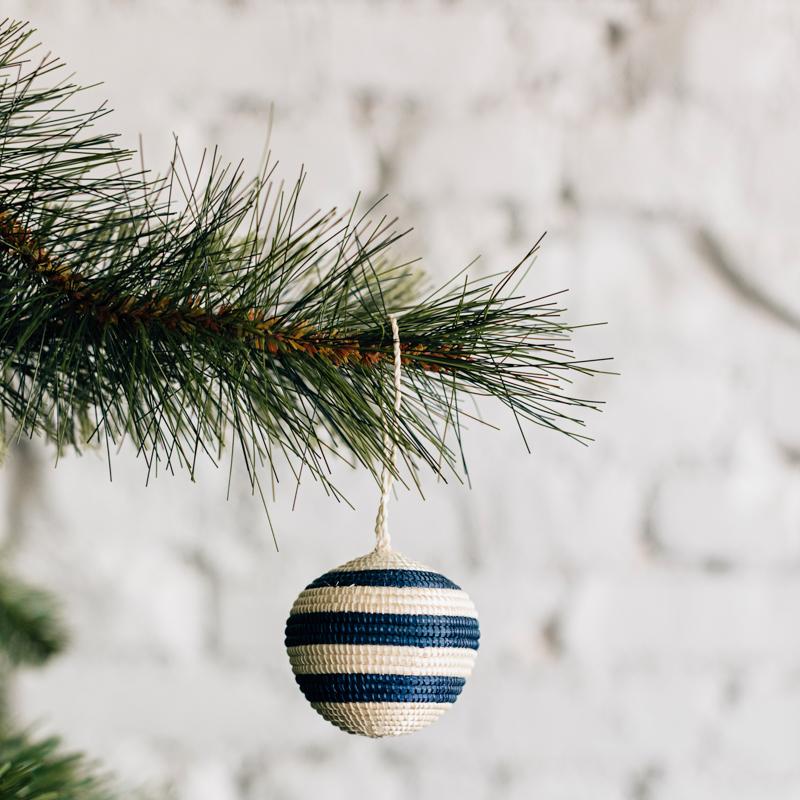 Striped Woven Ball Ornament - Blue Featured Azizi Life 