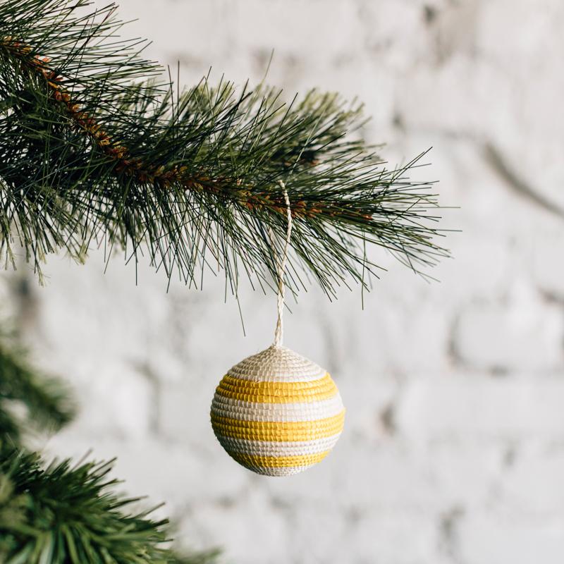 Striped Woven Ball Ornament - Yellow + Natural Featured Azizi Life 