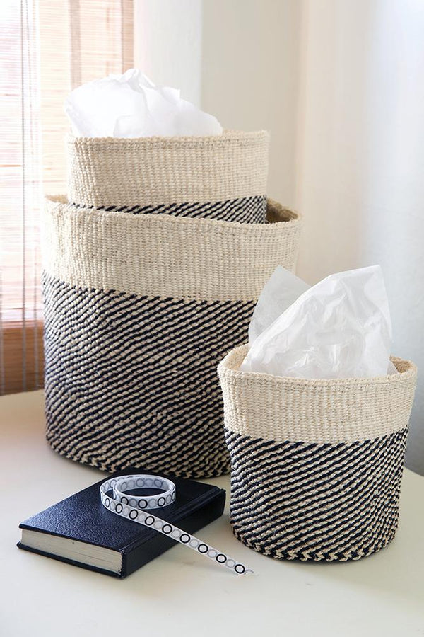 Swahili African Modern Black and Cream Twill Sisal Nesting Baskets - Set of 3 Swahili African Modern 