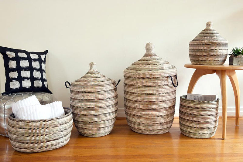 Black, Silver and White Striped Knitting Basket