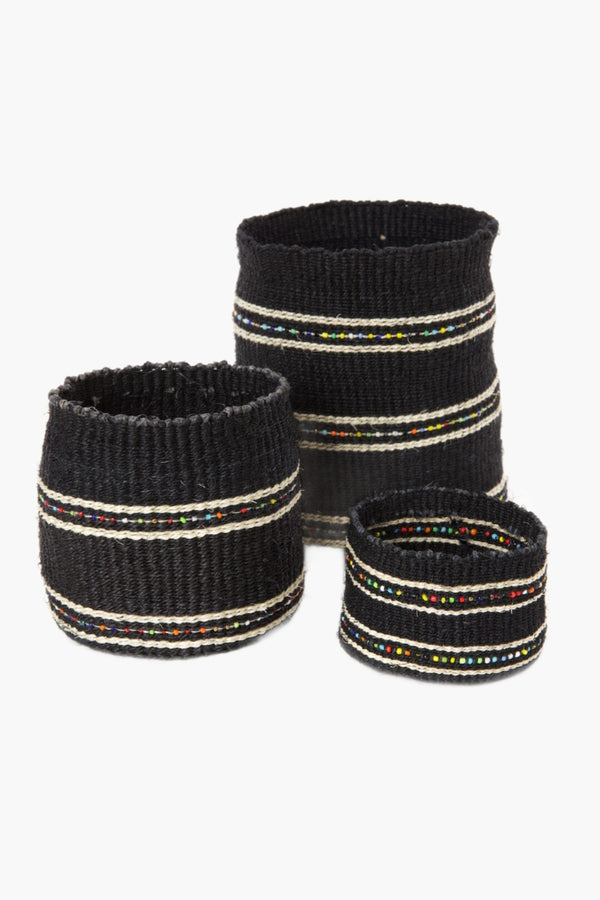 Swahili African Modern Licorice Petite Set of Three Sisal Baskets with Colorful Beads Swahili African Modern 