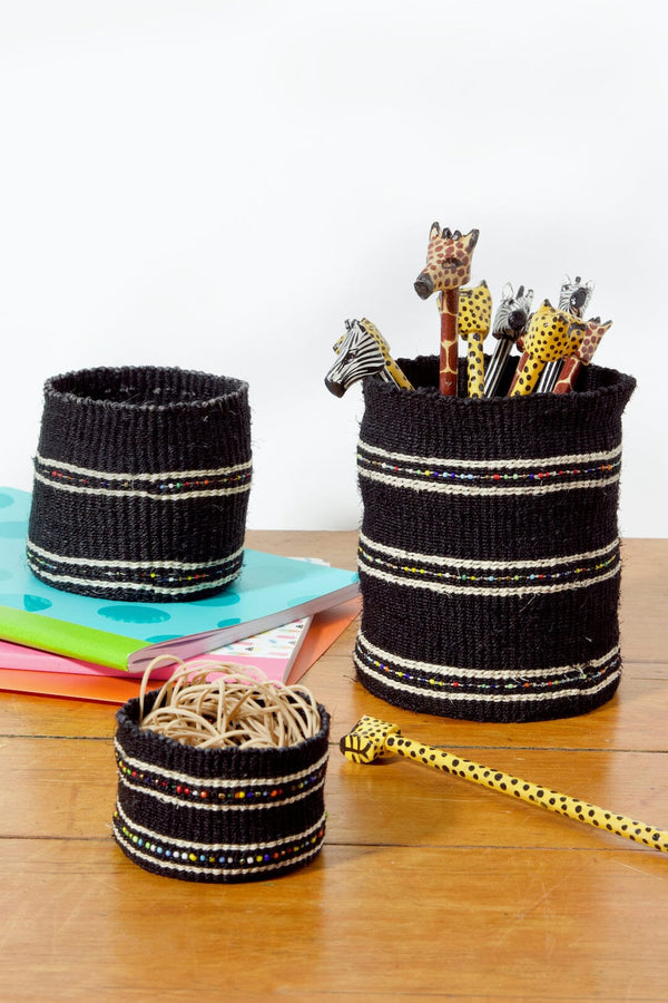 Swahili African Modern Licorice Petite Set of Three Sisal Baskets with Colorful Beads Swahili African Modern 