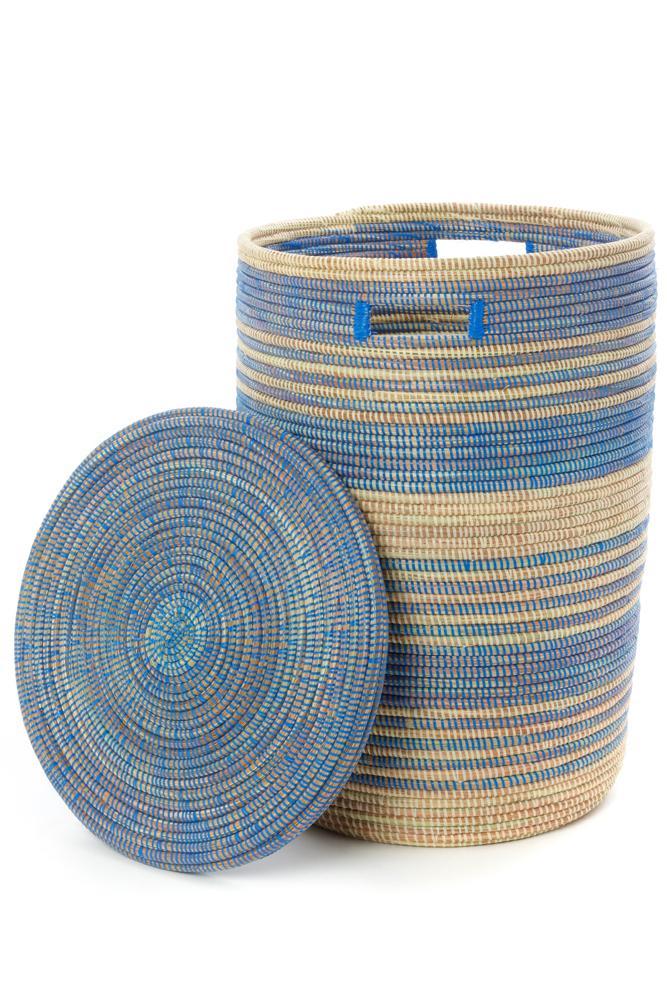 Swahili African Modern Set of Three Blue Ebb & Flow Striped Hampers Swahili African Modern