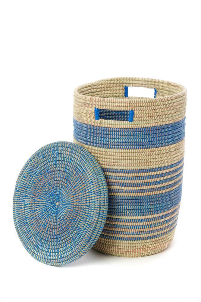 Swahili African Modern Set of Three Blue Ebb & Flow Striped Hampers Swahili African Modern