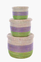 Swahili African Modern Set of Three Lavender, Green, and White Nesting Storage Baskets Swahili African Modern 