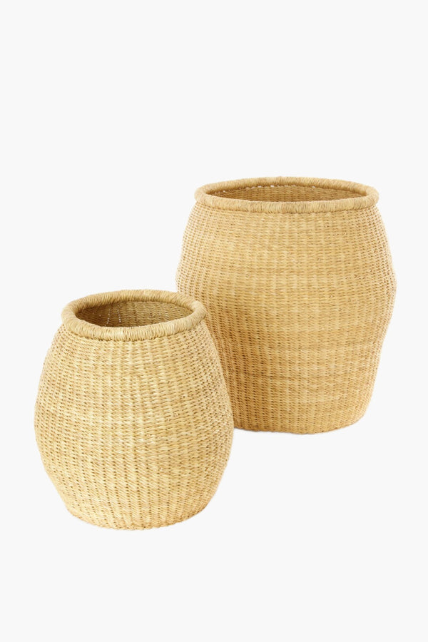 Swahili African Modern Set of Two All Natural Elephant Grass Barrel Baskets Swahili African Modern 