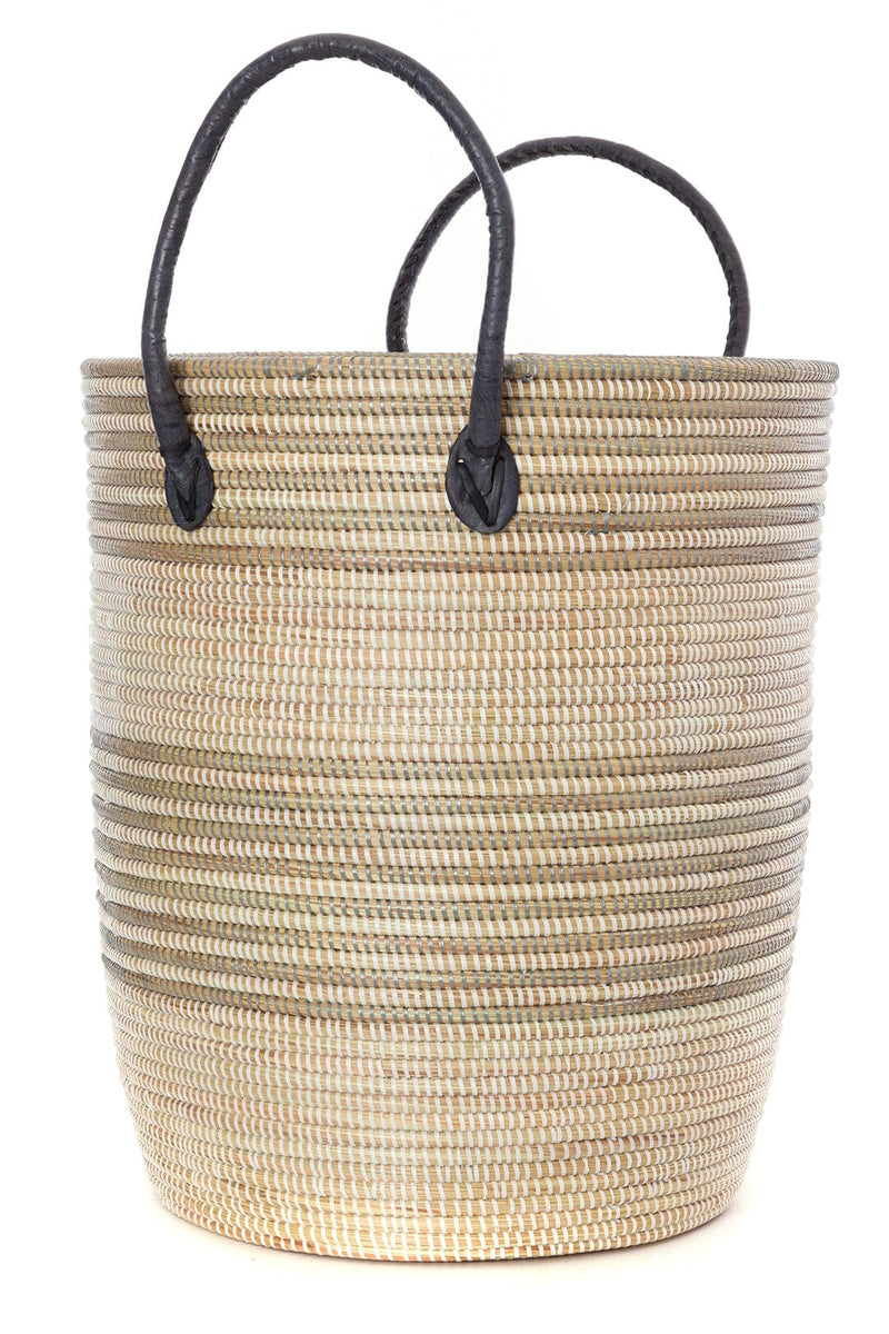 Swahili African Modern Set/3 Silver Mixed Stripe Baskets with Leather Handles Swahili African Modern 