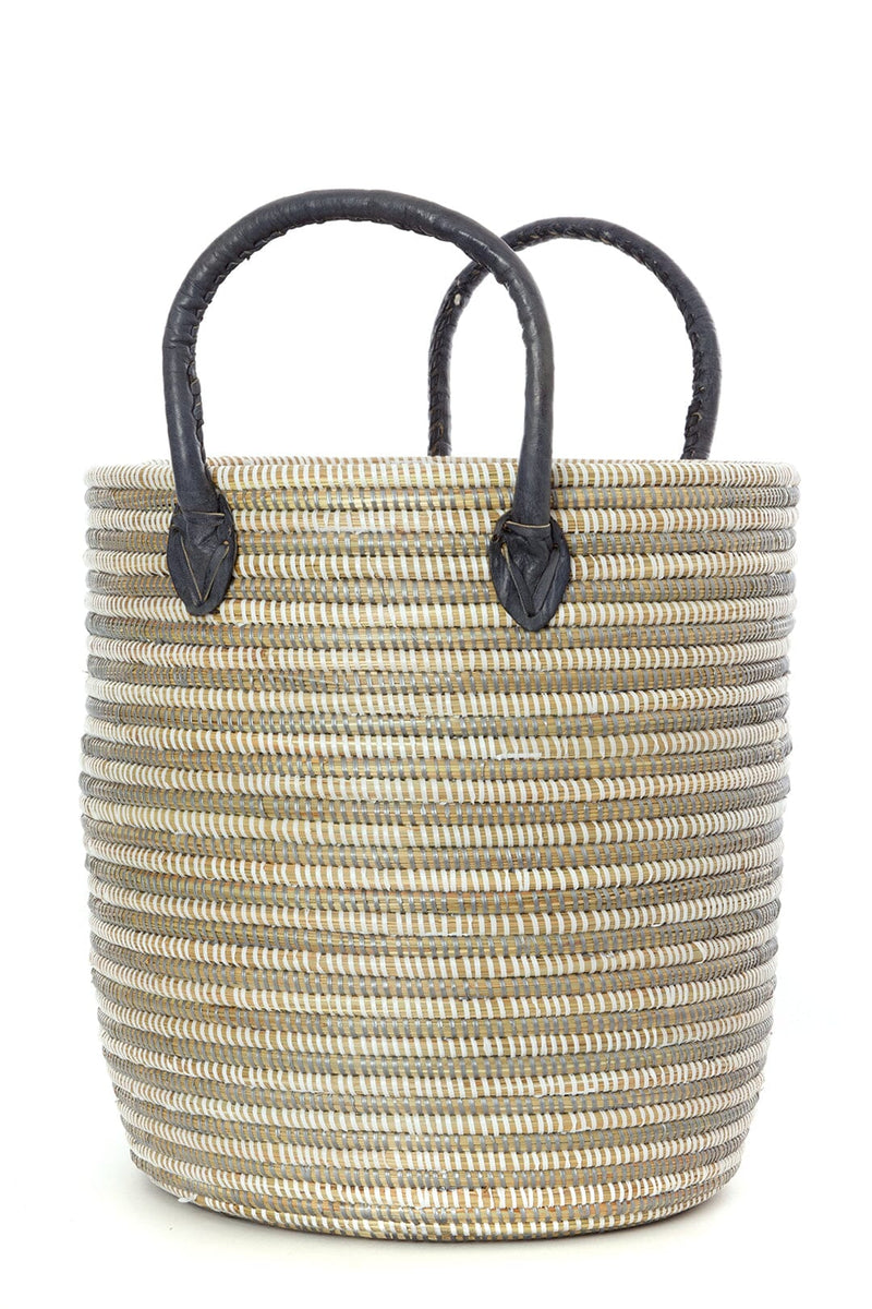 Swahili African Modern Set/3 Silver Mixed Stripe Baskets with Leather Handles Swahili African Modern 