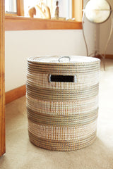 Swahili African Modern Silver and White Striped Flat Lid Hamper Swahili African Modern 