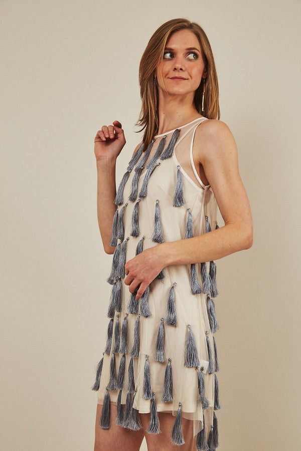 Symbology Flapper Chic Tassel Dress in Cream + Grey Dresses Symbology