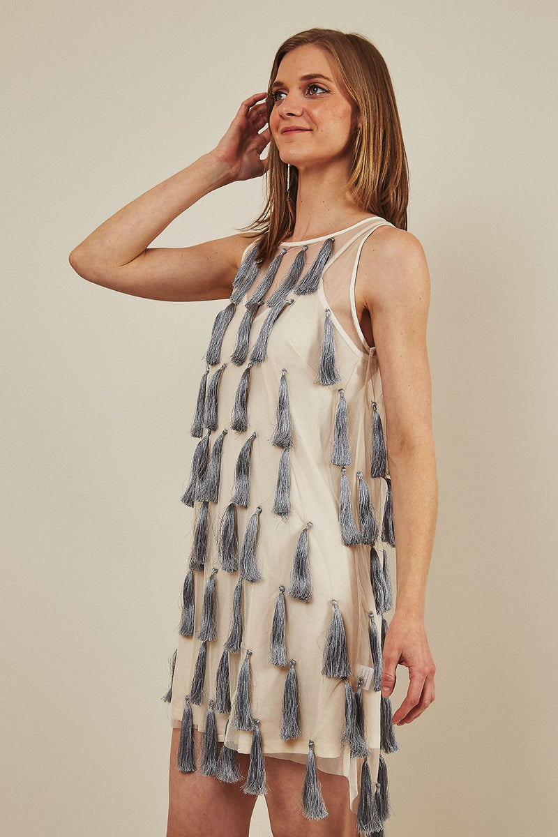 Symbology Flapper Chic Tassel Dress in Cream + Grey Dresses Symbology