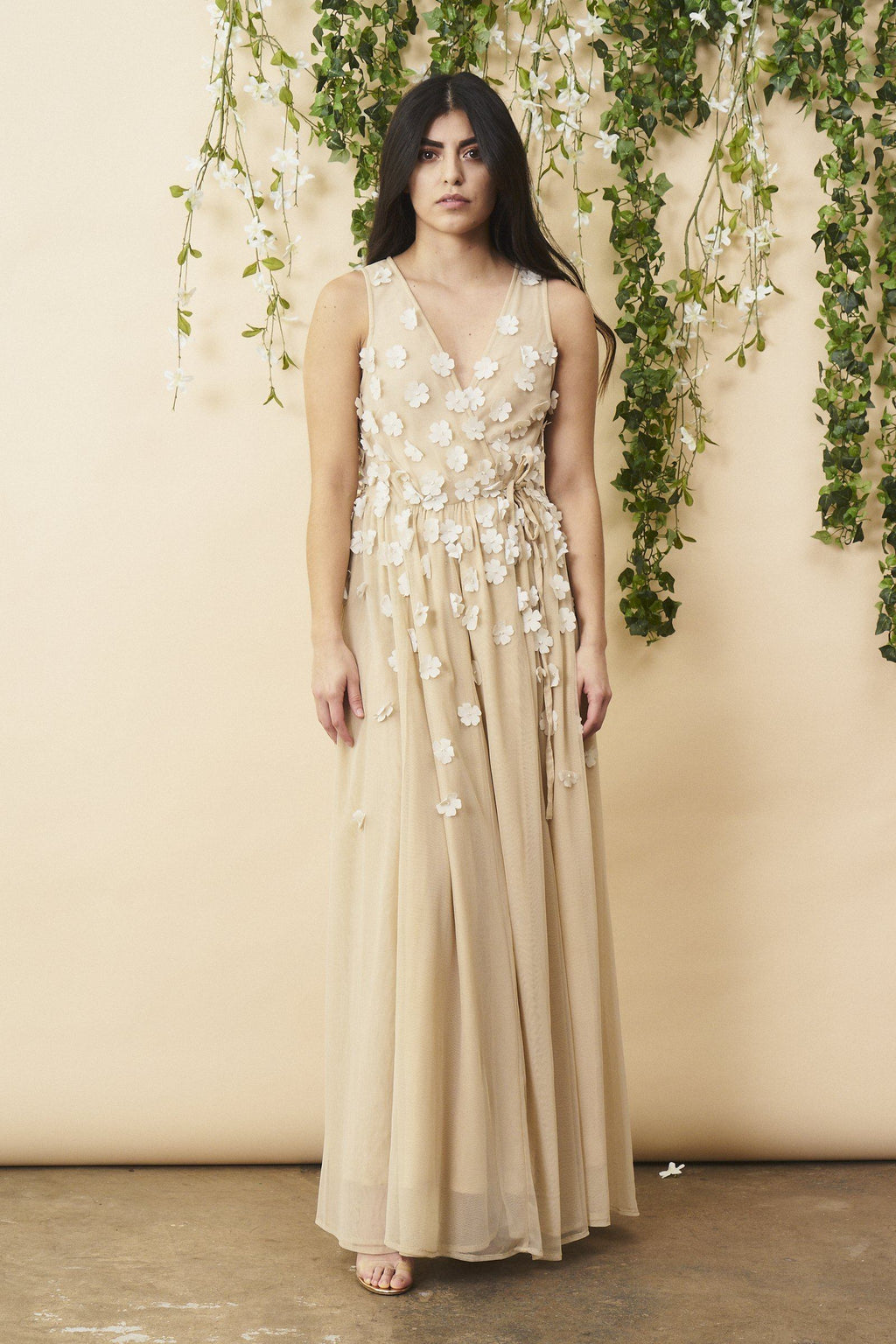 Embellished Chiffon Maxi Wedding Dress - Cream