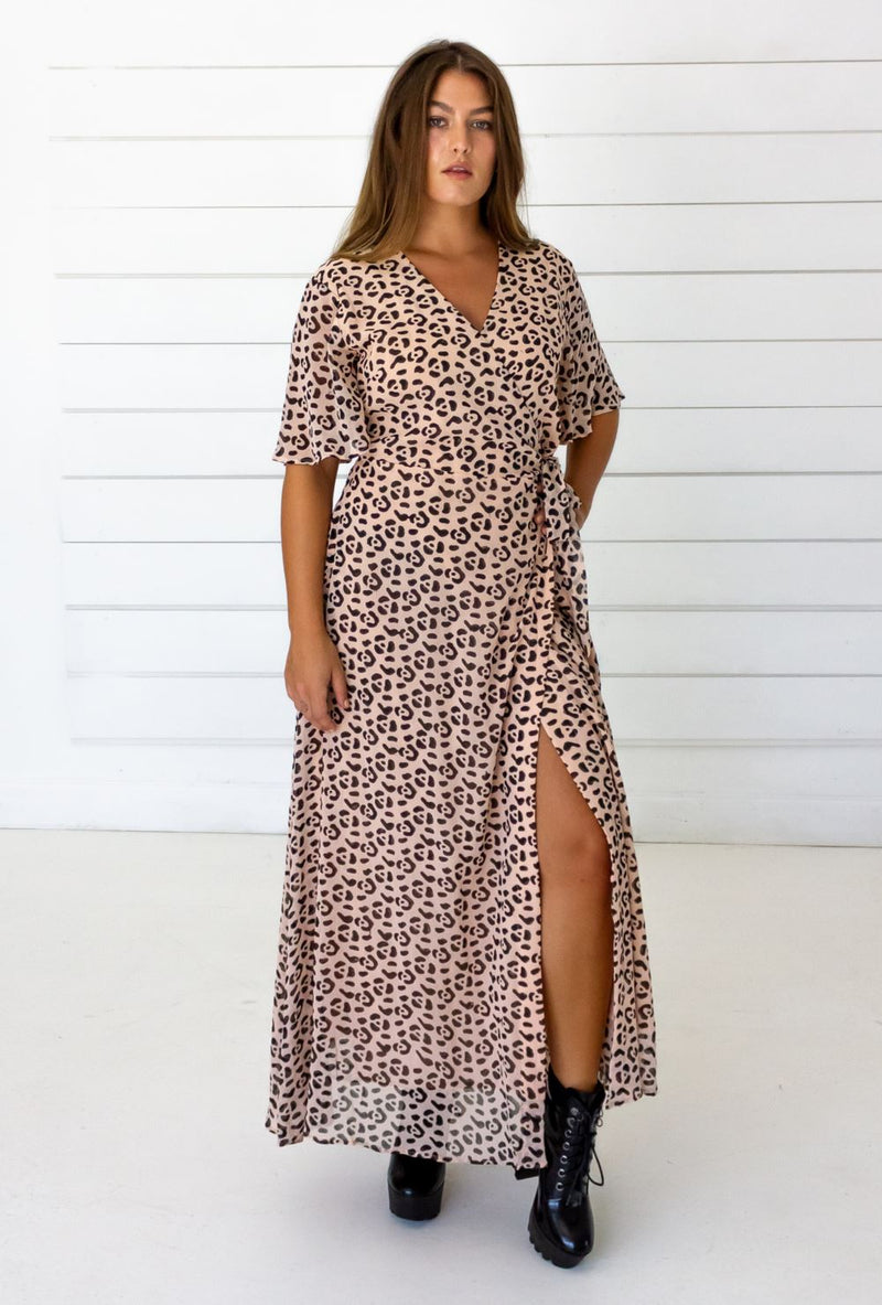 Symbology Leopard Maxi Wrap Dress - Blush + Black Dresses Symbology