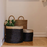 Tall Round Jute Storage Baskets Charcoal Natural Band Baskets Will & Atlas 