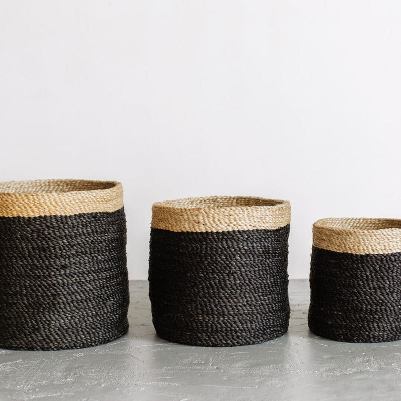 Tall Round Jute Storage Baskets Charcoal Natural Band Baskets Will & Atlas Set of Three 