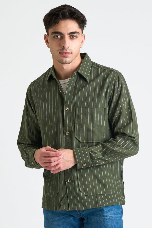 Xavier Overshirt Jacket in Dark Green Pinstripes DUSHYANT. 