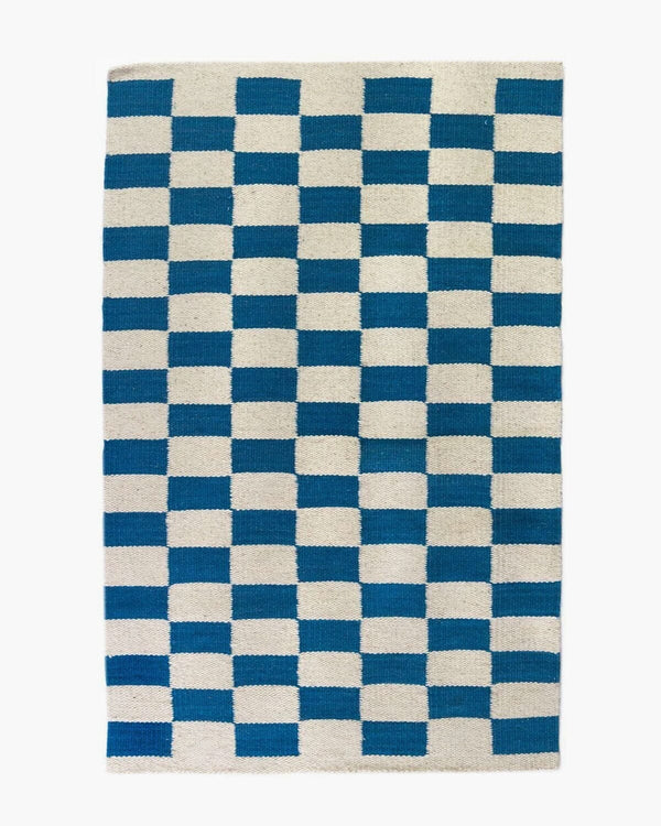 Zapotec Checkered Wool Rug - Blue + Ivory Rugs Archive New York 